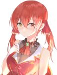 1girl absurdres bangs bare_arms bare_shoulders blush breasts cleavage closed_mouth commentary_request eyebrows_visible_through_hair hair_between_eyes hair_ribbon hand_up heterochromia highres hololive houshou_marine long_hair medium_breasts poono red_eyes red_hair red_neckwear red_ribbon ribbon simple_background solo upper_body virtual_youtuber white_background yellow_eyes 