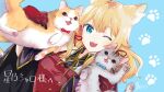  1girl :3 absurdres animal animal_ear_fluff animal_ears black_cape blue_background blue_bow blue_eyes bow breasts cape cat cat_ears character_name commission grey_eyes highres holding holding_animal holding_cat hoshino_char jacket kemonomimi_mode one_eye_closed paw_print red_bow red_jacket signature skeb_commission small_breasts smile solo todo-akira tsunderia upper_body 