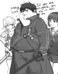  1boy 2girls absurdres bangs belt breasts cleavage dual_wielding english_commentary english_text eyebrows_visible_through_hair family_guy fat fat_man greyscale hair_behind_ear hands_on_hips highres holding holding_sword holding_weapon jacket kirigaya_suguha kirito kowai_(iamkowai) looking_at_viewer meme monochrome multiple_girls open_mouth parody peter_griffin pogchamp school_uniform serafuku sinon skirt small_breasts smile style_parody sword sword_art_online weapon 