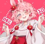  1girl ;d animal_ears bunny_ears choker dated earrings flower hair_flower hair_ornament hands_up indie_virtual_youtuber japanese_clothes jewelry kimono kyousa38 looking_at_viewer one_eye_closed open_mouth pink_hair red_background red_flower shirazuya_eru smile solo upper_body virtual_youtuber wide_sleeves 