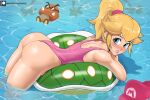  1girl arched_back ass back bare_shoulders blonde_hair blush echo_saber floating goomba hairband highres looking_at_viewer looking_back mario_(series) pink_hairband pink_lips pink_swimsuit pool princess_peach reflection shell sunglasses swimming swimsuit thong_swimsuit 