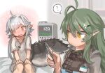  2girls ? @_@ ahoge antenna_hair arknights black_vest blush buchi0122 cardiogram commentary crocodilian_tail d-pad d-pad_hair_ornament dress full-face_blush gavial_(arknights) green_hair hair_ornament heart highres holding holding_pen hospital_gown id_card long_hair looking_at_another looking_down multiple_girls open_mouth pen pointy_ears sitting spoken_question_mark sweat tomimi_(arknights) vest white_dress white_hair yellow_eyes yuri 