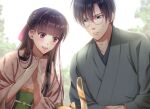  1boy 1girl :d bangs bow brown_hair cat day glasses grey_kimono hair_bow izumi_(stardustalone) japanese_clothes kimono lens_flare long_hair obi open_mouth outdoors parted_lips pink_bow pink_kimono purple_eyes renri_no_chigiri_wo_kimi_to_shiru sash smile steepled_fingers sweatdrop 