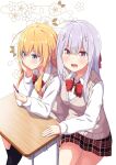  2girls :d ahoge blonde_hair blue_eyes blush bow breasts cross_hair_ornament desk eyebrows_visible_through_hair floral_background gabriel_dropout gabriel_tenma_white hair_ornament large_breasts light_purple_hair long_hair long_sleeves looking_at_phone looking_at_viewer miniskirt multiple_girls o3o official_art open_mouth phone plaid plaid_skirt pleated_skirt raphiel_shiraha_ainsworth red_bow school_desk school_uniform shirt simple_background sitting skirt smile sweater sweater_vest ukami very_long_hair white_shirt yellow_eyes 