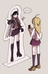  ... 1boy 1girl ahoge akamatsu_kaede backpack bag bangs black_footwear black_gloves black_hair black_jacket blonde_hair blush boots braid brown_eyes brown_footwear cellphone collared_shirt danganronpa_(series) danganronpa_v3:_killing_harmony full_body gloves grey_background hair_between_eyes highres jacket kirigiri_kyouko knee_boots kneehighs long_hair looking_at_another necktie nzeneee phone pleated_skirt purple_skirt saihara_shuuichi shiny shiny_hair shirt shoes skirt smile spoken_ellipsis statue v white_bag 