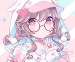  animal_ears bandaid braids brown_hair choker chon_(chon33v) close cropped drink glasses hat hoodie original polychromatic red_eyes short_hair signed twintails 