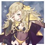  1girl ahoge bangs blonde_hair bodystocking breasts bridal_gauntlets cape covered_navel fire_emblem fire_emblem_fates grey_eyes looking_at_viewer medium_breasts mojakkoro one_eye_closed open_mouth ophelia_(fire_emblem) smile solo star_(symbol) turtleneck 