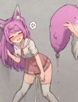  1girl against_wall anal_tail anger_vein animal_ear_fluff animal_ears annoyed bangs blush breasts butt_plug commentary_request disembodied_limb embarrassed eyebrows_visible_through_hair fake_animal_ears fake_tail fox_ears fox_tail frilled_shirt frills grey_background grey_legwear half-closed_eye hand_up highres holding_tail leaning_forward long_hair miniskirt neck_ribbon nose_blush one_eye_closed open_mouth orange_eyes original pee peeing peeing_self pink_hair pink_neckwear pink_ribbon pink_skirt pleated_skirt ribbon rune_(pixiv_25170019) school_uniform sex_toy shiny shiny_hair shirt shirt_tucked_in short_sleeves sidelocks simple_background skindentation skirt small_breasts solo_focus speech_bubble spoken_anger_vein standing sweat tail tail_removed tears thighhighs tied_hair trembling two_side_up wet wet_clothes white_shirt wince zettai_ryouiki 