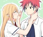  1boy 1girl blonde_hair blue_shirt blush eyebrows_visible_through_hair hand_up long_hair looking_at_another nakiri_erina necktie red_hair shirt shokugeki_no_souma short_hair ssr_ng striped striped_neckwear touching_another&#039;s_neck white_shirt yellow_eyes yukihira_souma 