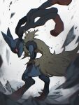  alu_drp blurry closed_mouth commentary floating_hair furry gen_4_pokemon highres hunched_over looking_back lucario mega_lucario mega_pokemon orange_eyes pokemon pokemon_(creature) rock solo spikes standing yellow_fur 