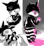  1boy animal ball blanket blood blush_stickers cat closed_eyes closed_mouth commentary_request danganronpa_(series) danganronpa_v3:_killing_harmony fake_horns from_side full_body grey_background hat highres holding holding_animal horns hoshi_ryouma jacket leather leather_jacket male_focus pants pink_blood racket shiny shiny_clothes sleeping standing striped striped_pants suurin_(ksyaro) tennis_ball tennis_racket 