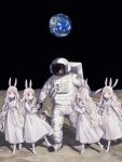  1other 4girls :d :o :q albino ambiguous_gender astronaut barefoot black_gloves blonde_hair blood blood_on_face bloody_clothes bloody_hands copyright_request dress earth_(planet) full_body gloves helmet highres holding_hands long_hair long_sleeves looking_at_another moon multiple_girls nashiko_(nanaju_ko) open_mouth original pale_skin parted_lips planet quadruplets rabbit_girl red_eyes siblings smile space space_helmet spacesuit standing teeth tongue tongue_out wavy_hair white_dress 