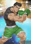  1boy abs bara black_hair black_tank_top boxer boxing_gloves bulge dark-skinned_male dark_skin feet_out_of_frame green_eyes green_shorts gumroad_username kienbiu little_mac male_focus muscular muscular_male navel nipples patreon_username punch-out!! reward_available short_hair shorts sideburns solo stomach super_smash_bros. tank_top thighs twitter_username wrestling_outfit wrestling_ring 
