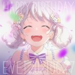  1girl :d ^_^ absurdres bang_dream! bangs bare_shoulders blurry blurry_background blush braid closed_eyes dated detached_collar dress earrings eyebrows_visible_through_hair flower frilled_dress frills hair_flower hair_ornament hands_on_own_chest happy_birthday highres jewelry low_twintails neck_ribbon nobusawa_osamu open_mouth petals portrait purple_neckwear purple_ribbon ribbon short_twintails smile solo strap swept_bangs twin_braids twintails upper_teeth wakamiya_eve white_hair 