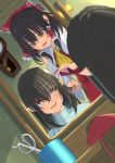  2girls amanoyayuki ascot black_hair bow clock comb combing commentary_request detached_sleeves dutch_angle eyebrows_visible_through_hair hair_bow hair_tubes hairdressing hakurei_reimu hat hat_removed headwear_removed highres mirror multiple_girls open_mouth pointy_ears red_bow red_eyes reflection scissors shameimaru_aya sweatdrop tokin_hat touhou wall_clock wavy_mouth yellow_neckwear 