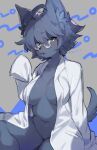  1girl :o animal_ears animal_nose blush breasts breasts_apart character_request coat copyright_request dog_ears dog_girl dog_tail furry glasses green_eyes highres labcoat large_breasts naked_coat navel short_hair snout solo suurin_(ksyaro) tail white_coat 