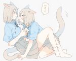  2girls animal_ears black_ribbon blue_shirt blush book cat_ears cat_girl cat_tail closed_mouth commentary_request eye_contact eyebrows_visible_through_hair full_body girl_on_top grey_background grey_hair grey_skirt holding holding_book kneeling looking_at_another medium_hair multiple_girls neck_ribbon nekoya_saki original pleated_skirt ribbon school_uniform shirt short_sleeves simple_background sitting skirt socks speech_bubble sweatdrop tail tail_wagging translation_request white_legwear yuri 