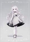  1girl ahoge bangs bracelet collar commission dress eyebrows_visible_through_hair full_body grey_background highres jewelry looking_at_viewer original pale_skin purple_eyes shiro_yurine skeb_commission solo torn_clothes torn_dress white_hair 