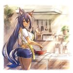  1girl alternate_costume animal_ears apron ass bangs blue_shorts blush bottle breasts chopsticks cooking cutting_board dark-skinned_female dark_skin fang hair_between_eyes hair_ornament hairclip hishi_amazon_(umamusume) holding horse_ears horse_girl horse_tail kageno_96 kitchen ladle large_breasts long_hair looking_at_viewer open_mouth ponytail red_eyes shirt shorts signature solo spoon tail umamusume very_long_hair white_shirt yellow_apron 