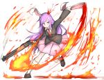  1girl animal_ears bangs black_jacket blazer blood blush breathing_fire brown_footwear bunny_ears collared_shirt commentary_request cookie_(touhou) fire full_body gun highres hisui_(cookie) holding holding_ear holding_gun holding_weapon jacket leg_up long_hair looking_at_viewer necktie pink_skirt purple_hair red_eyes red_neckwear reisen_udongein_inaba shirt shitteru? shoes simple_background skirt socks solo swept_bangs touhou weapon white_background white_legwear white_shirt 
