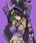  1girl armpits arms_up breasts brooch cicin_mage_(genshin_impact) cloak closed_mouth electro_cicin_mage_(genshin_impact) fur_trim genshin_impact green_hair highres hood hooded_cloak jewelry kurokage long_hair long_sleeves looking_at_viewer mask medium_breasts pink_eyes purple_background revealing_clothes simple_background smile solo tongue tongue_out upper_body 
