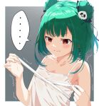  ... 1girl absurdres angry bangs bare_shoulders blush breast_conscious bust_measuring camisole collarbone double_bun frown green_hair hair_ornament highres hololive kounaien_(comic1217) measuring red_eyes short_hair skull_hair_ornament solo spaghetti_strap speech_bubble spoken_ellipsis tape_measure tearing_up upper_body uruha_rushia virtual_youtuber white_camisole 