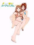  2girls bare_arms bare_back bare_legs bare_shoulders barefoot blue_panties bra brown_hair feet full_body green_eyes hibike!_euphonium highres long_hair looking_at_another multiple_girls nakagawa_natsuki panties ponytail sbel02 swimsuit toes underwear yoshikawa_yuuko yuri 