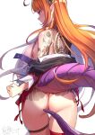  1girl ass back bangs bare_shoulders blush breasts cowboy_shot dragon_girl dragon_tail eyebrows_visible_through_hair from_behind hololive kiryu_coco large_breasts long_hair long_sleeves off_shoulder orange_hair pleated_skirt pointy_ears red_eyes red_skirt shiroi_ume skirt solo standing tail tattoo thigh_gap thigh_strap thighs virtual_youtuber 
