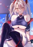  1girl akuakuran azur_lane bangs bare_shoulders black_footwear black_gloves blurry blush boots breasts commentary_request depth_of_field eyebrows_visible_through_hair feet_out_of_frame gloves hair_between_eyes headset highres large_breasts long_hair looking_at_viewer miniskirt multicolored_hair off_shoulder official_alternate_costume panties panties_around_one_leg parted_lips petals prinz_eugen_(azur_lane) prinz_eugen_(final_lap)_(azur_lane) red_hair red_panties sitting skirt smile solo streaked_hair thigh_boots thighhighs thighs two_side_up underboob underwear white_hair white_skirt 