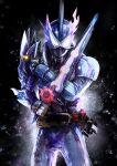  1boy armor bodysuit commentary helmet highres holding holding_sword holding_weapon kamen_rider kamen_rider_saber_(series) kamen_rider_xross_saber looking_at_viewer rider_belt solo sword tokusatsu upper_body weapon white_eyes yygnzm 