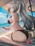  1girl absurdres animal_ear_fluff animal_ears arknights arm_up ass ass_cutout back bare_arms bare_shoulders barefoot beach beach_umbrella bikini black_bikini breasts bunching_hair cat_ears cat_girl cat_tail clothing_cutout crab day from_behind grey_hair halter_top halterneck highres ioriwu8 large_breasts long_hair looking_at_viewer looking_back ocean outdoors parted_lips schwarz_(arknights) shoulder_blades sitting sky solo string_bikini sweatdrop swimsuit tail thigh_strap thighs umbrella very_long_hair wariza yellow_eyes 