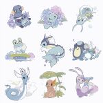  black_eyes blush blush_stickers bubble castform castform_(normal) charmander closed_eyes closed_mouth croagunk dewpider dragonair fire flower froakie gen_1_pokemon gen_2_pokemon gen_3_pokemon gen_4_pokemon gen_5_pokemon gen_6_pokemon gen_7_pokemon green_eyes holding holding_pokemon leaf looking_at_viewer lotad marill mudkip music musical_note on_head palpitoad pokemon pokemon_(creature) pokemon_on_head poliwag purple_flower riding riding_pokemon singing sliggoo smile surskit vaporeon water wooper yurano_(upao) |d 