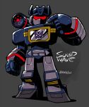  1980s_(style) 1boy buttons cassette_player chibi clenched_hand decepticon evil male_focus mecha open_hand rariatto_(ganguri) red_eyes retro_artstyle shading shading_mismatch shiny shoulder_cannon soundwave symbol transformers twitter_username visor weapon 