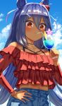  1girl animal_ears blue_hair blue_hawaii blue_sky blush bracelet casual cherry cloud cloudy_sky commentary_request dark_skin day drinking drinking_straw food fruit hair_between_eyes hair_ornament hairclip hand_on_hip highres hishi_amazon_(umamusume) horse_ears horse_girl jewelry long_hair long_sleeves red_eyes sky solo stomach twitter_username uenoryoma umamusume upper_body 