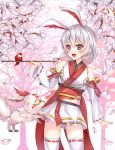  1girl :d alternate_costume animal_ears bangs bird cherry_blossoms flute fox fox_ears hair_between_eyes highres holding holding_instrument honkai_(series) honkai_impact_3rd instrument japanese_clothes kimono open_mouth petals pink_eyes pink_hair pinocchio_(dlekrkdwlt) side_ponytail smile solo theresa_apocalypse theresa_apocalypse_(sakura_rondo) tree 