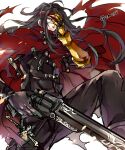  1boy black_hair clawed_gauntlets cloak final_fantasy final_fantasy_vii frown gloves gun hand_on_own_face headband keychain leather long_hair looking_at_viewer red_cloak red_eyes red_headband revolver strap tama_(tmfy5) torn_clothes vincent_valentine weapon 