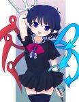  1girl arm_up asymmetrical_wings bangs black_dress black_hair black_legwear blue_wings blush bow bowtie buttons center_frills commentary cowboy_shot dress frilled_dress frills highres houjuu_nue looking_at_viewer open_mouth pitchfork pointy_ears polearm purple_eyes red_bow red_neckwear red_wings rei_(tonbo0430) short_dress short_hair short_sleeves smile snake solo thighhighs touhou weapon wings zettai_ryouiki 
