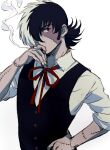  1boy akiyamabc black_hair black_jack_(character) black_jack_(series) cigarette collared_shirt colored_skin dark_skin expressionless hair_over_one_eye hand_on_hip holding male_focus multicolored multicolored_hair multicolored_skin neck_ribbon red_eyes red_ribbon ribbon scar scar_on_arm scar_on_face scar_on_hand shirt short_hair sideways_glance simple_background sleeves_rolled_up smoke smoking solo two-tone_hair two-tone_skin waistcoat white_background white_hair 