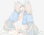  2girls animal_ears blue_shirt blush cat_ears cat_girl cat_tail closed_eyes commentary_request eyebrows_visible_through_hair french_kiss full_body grey_background grey_hair grey_skirt hand_on_another&#039;s_face holding_hands kiss leaning_forward long_hair looking_at_another multiple_girls nekoya_saki original pleated_skirt school_uniform shirt shirt_tucked_in short_sleeves simple_background sitting skirt sleeves_rolled_up socks tail tongue tongue_out wariza white_legwear yokozuwari yuri 