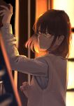  1girl absurdres bangs beige_vest black-framed_eyewear book bookshelf brown_eyes brown_hair closed_mouth from_side glasses hair_between_eyes highres holding holding_book indoors ladder medium_hair original saitou_(lynx-shrike) shirt white_shirt window 