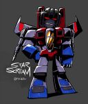  1980s_(style) 1boy aircraft airplane chibi clenched_hand decepticon evil f-15_eagle fighter_jet hand_on_hip jet male_focus mecha military military_vehicle open_hand rariatto_(ganguri) red_eyes retro_artstyle shading shading_mismatch shiny smirk starscream symbol transformers twitter_username weapon wings 