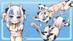  1girl animal_ears animal_print arkeden_razeare arm_warmers arms_behind_back bell bikini blue_hair breasts collar commission cow_ears cow_horns cow_print cow_tail cowbell gawr_gura gills grin hair_ornament highres hololive hololive_english horns multicolored_hair navel shark_hair_ornament sharp_teeth side-tie_bikini silver_hair small_breasts smile solo streaked_hair swimsuit tail teeth thighhighs two-tone_hair two_side_up virtual_youtuber 