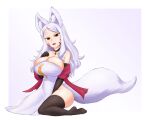  1girl alternate_breast_size animal_ear_fluff animal_ears bangs bare_shoulders black_gloves breast_suppress breasts choker cleavage dress elbow_gloves facial_mark fox_ears fox_girl fox_tail gloves large_breasts long_hair oppai_loli parted_bangs pelvic_curtain red_eyes sewayaki_kitsune_no_senko-san shiro_(sewayaki_kitsune_no_senko-san) simple_background sitting solo tail thighhighs wariza whisker_markings white_hair 