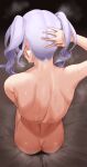 1girl arm_up back commentary_request completely_nude earrings facing_away frikulu from_above hand_on_own_head highres hololive jewelry long_hair murasaki_shion nude on_bed purple_hair sitting solo stained_sheets steaming_body sweat twintails virtual_youtuber 