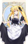  1girl ahoge alternate_costume apron art_nouveau black_ribbon choker clothes_lift enmaided eyebrows_visible_through_hair fate_testarossa frilled_apron frilled_skirt frills hair_between_eyes highres lace lace-trimmed_sleeves lace_choker lace_trim long_hair looking_at_viewer lyrical_nanoha mahou_shoujo_lyrical_nanoha maid maid_apron puffy_sleeves ribbon skirt skirt_lift smile solo sougetsu_izuki twintails white_background wrist_cuffs 