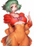  arm_behind_back breasts brown_eyes cameltoe character_request copyright_request fumio_(rsqkr) green_hair highres medium_breasts pointing pointing_up short_hair simple_background underboob white_background wide_hips 