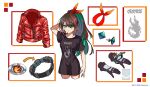  anonymous_(nijisanji) belt black_shirt blue_eyes brown_hair character_sheet colored_inner_hair earrings english_commentary etna_crimson gloves graphic_shirt hair_ribbon highres jacket jewelry leather leather_jacket long_hair looking_at_viewer multicolored_hair nijisanji nijisanji_id official_art ponytail red_jacket red_ribbon ribbon shirt streaked_hair t-shirt tied_hair virtual_youtuber white_background 