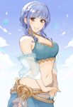  1girl bangs bikini bikini_top blue_hair blush bob_cut braid breasts brown_eyes fire_emblem fire_emblem:_three_houses fire_emblem_heroes gold_trim hands_clasped highres jivke large_breasts long_bangs looking_at_viewer marianne_von_edmund nail_polish navel nintendo_switch own_hands_together short_hair shoulders simple_background skirt sky smile stomach swimsuit 