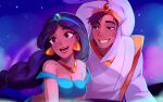  1boy 1girl :d aladdin_(character) aladdin_(disney) arabian_clothes bare_shoulders benzbt black_hair breasts brown_eyes cleavage dark-skinned_female dark-skinned_male dark_skin diadem earrings english_commentary grin hat highres jasmine_(disney) jewelry lips long_hair medium_breasts midriff necklace night night_sky open_mouth outdoors sky smile teeth upper_body 