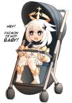  1girl arkeden_razeare black_eyes commentary commission dress english_commentary english_text full_body furrowed_brow genshin_impact hair_flaps halo highres open_mouth paimon_(genshin_impact) solo stroller white_dress white_hair 